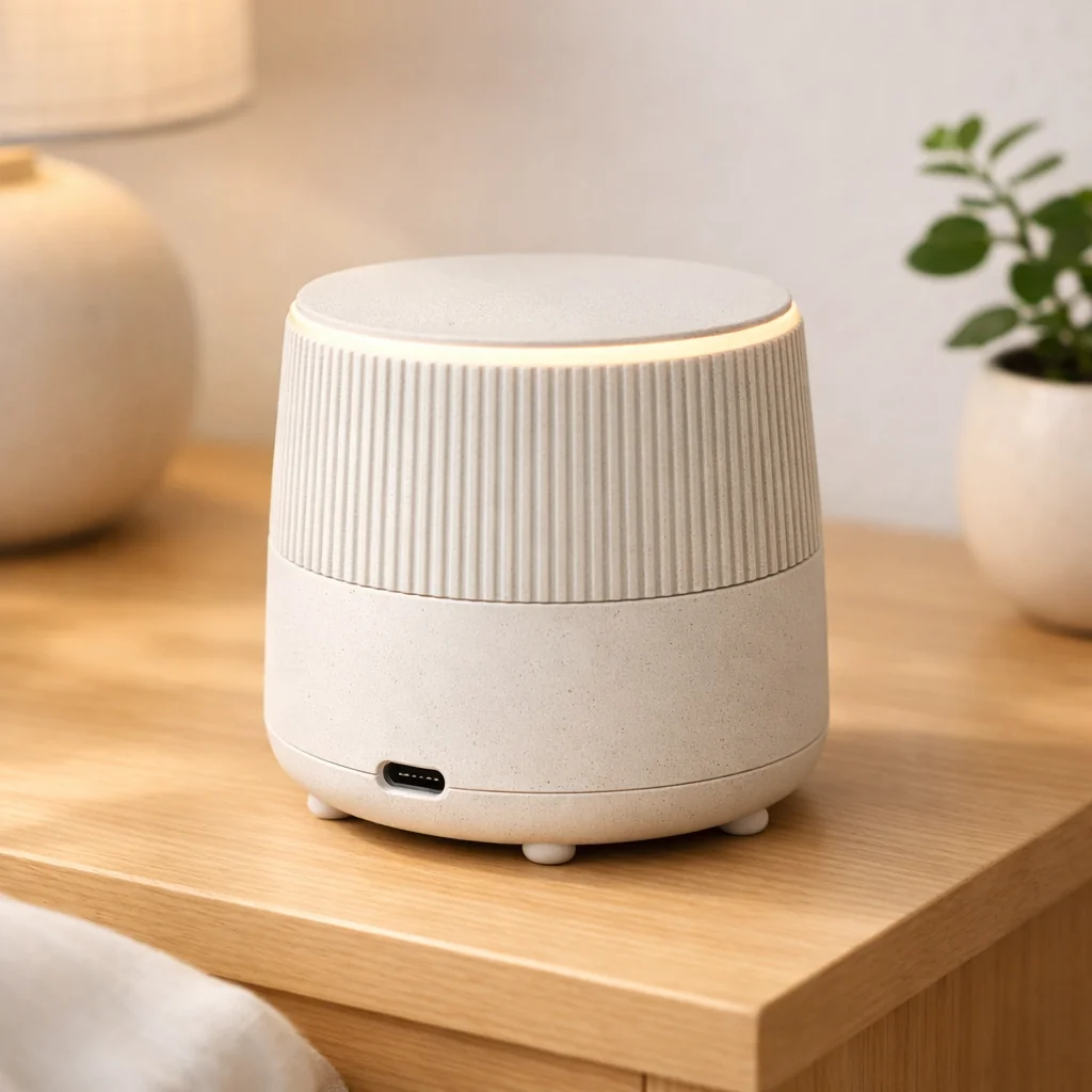 Render of the Tali prototype speaker on a nightstand — this is a 3D render, not a photo